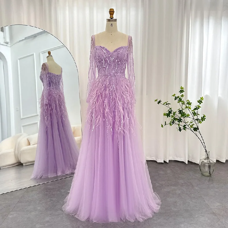 Luxury Feathers Lilac Long Sleeve Evening Dress SS351 Bodycon Fitted Nightout