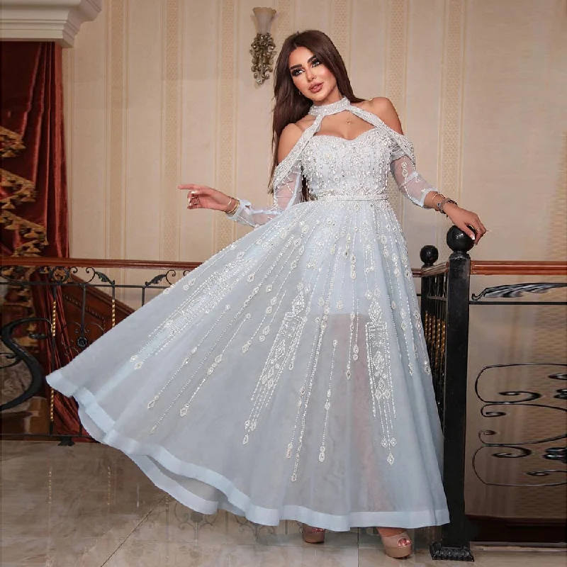 Luxury Blue Off Shoulder Halter Evening Dress SS418 Pencil Length Work