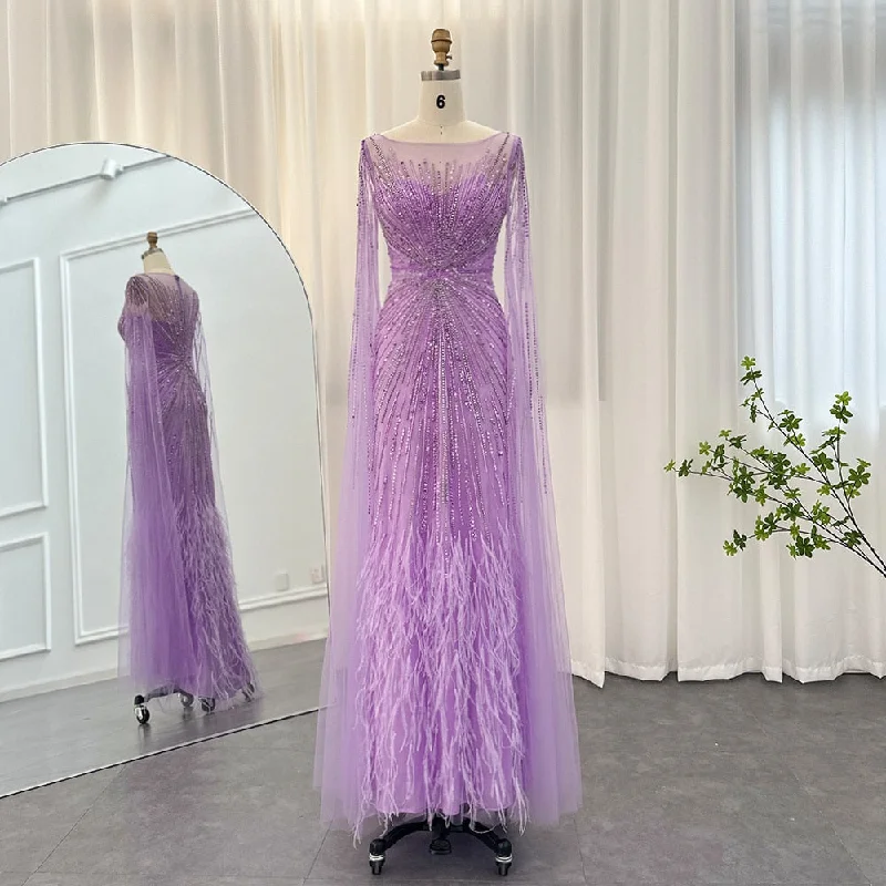 Luxury Lilac Feathers Evening Dress with Cape Sleeves SS196 Tunics Solid Classic