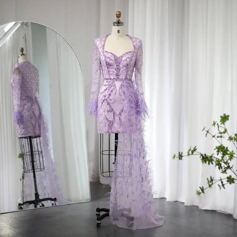For Sale Lilac Short Evening Dresses with Feathers OverSkirt SS355 Tunics Office stylish For Sale Lilac Short Evening Dresses with Feathers OverSkirt SS355 Tunics Office stylish