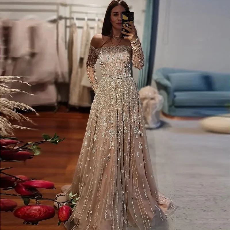 Luxury Nude Off Shoulder Long Sleeves Evening Dress SS489 Tunics Yoga stretchy