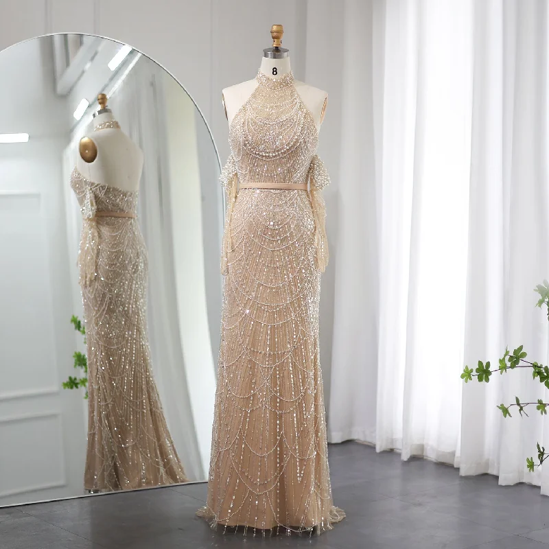 Luxury Nude Halter Mermaid Evening Dress with Gloves SS289 Tunics Practical easy-care Luxury Nude Halter Mermaid Evening Dress with Gloves SS289 Tunics Practical easy-care