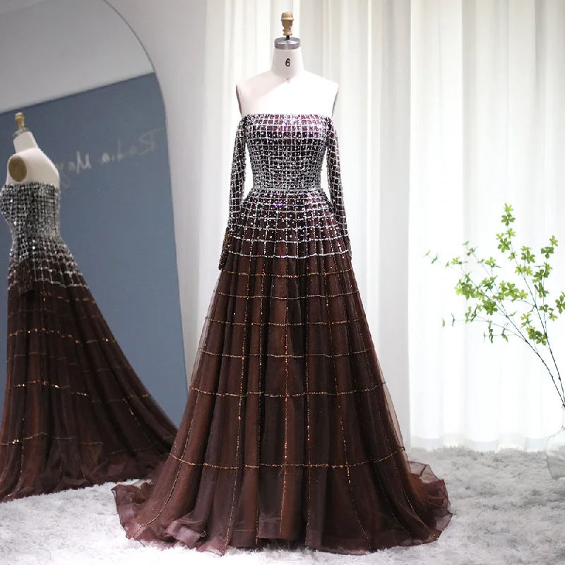Luxury Off Shoulder Brown Long Sleeve Evening Dress SS022 Tunics Chic elegant