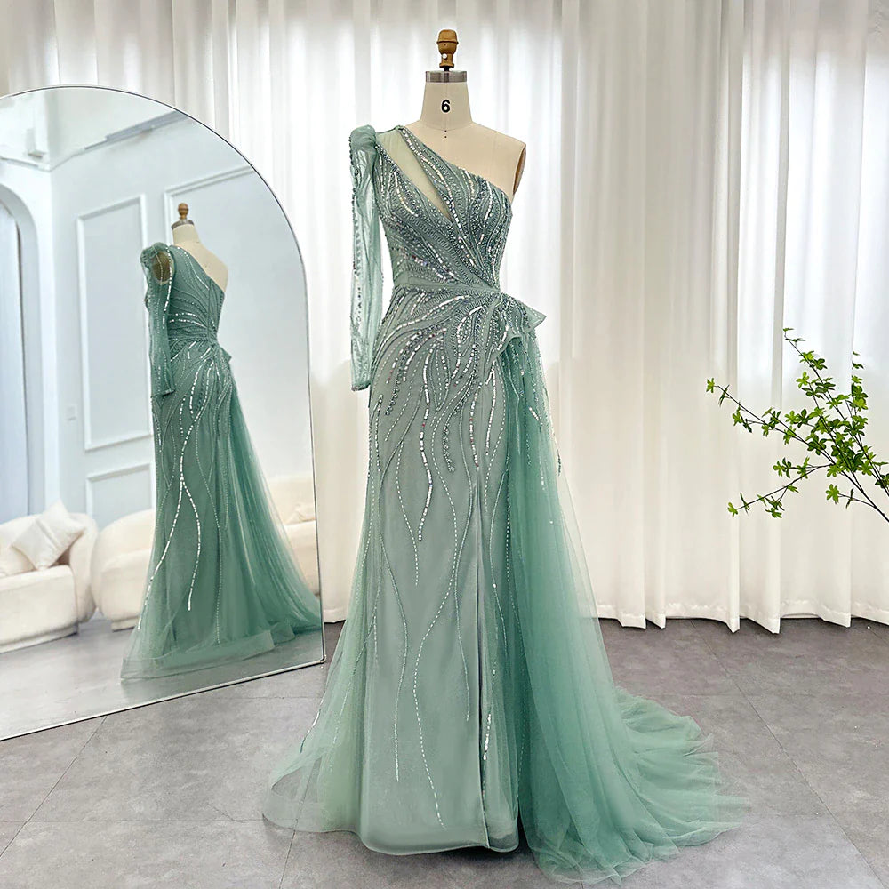Luxury One Shoulder Green Evening Dress with Overskirt SS160 Tunics Denim casual