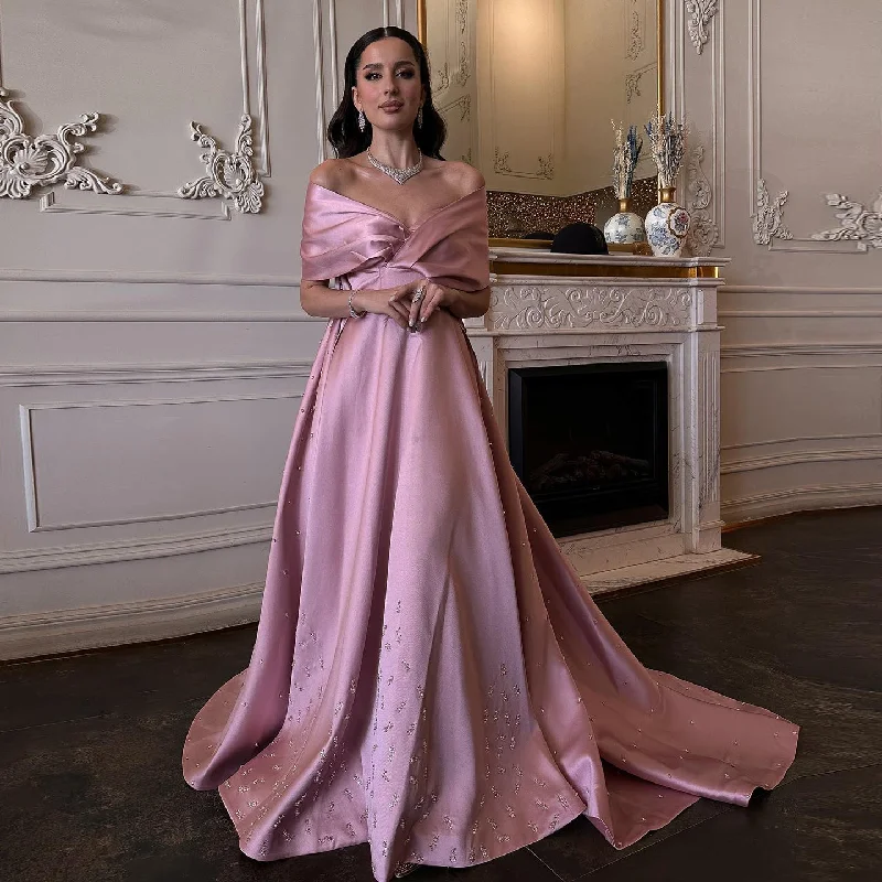 Luxury Pink Satin Off Shoulder Evening Dress SS481 Pencil Length Work