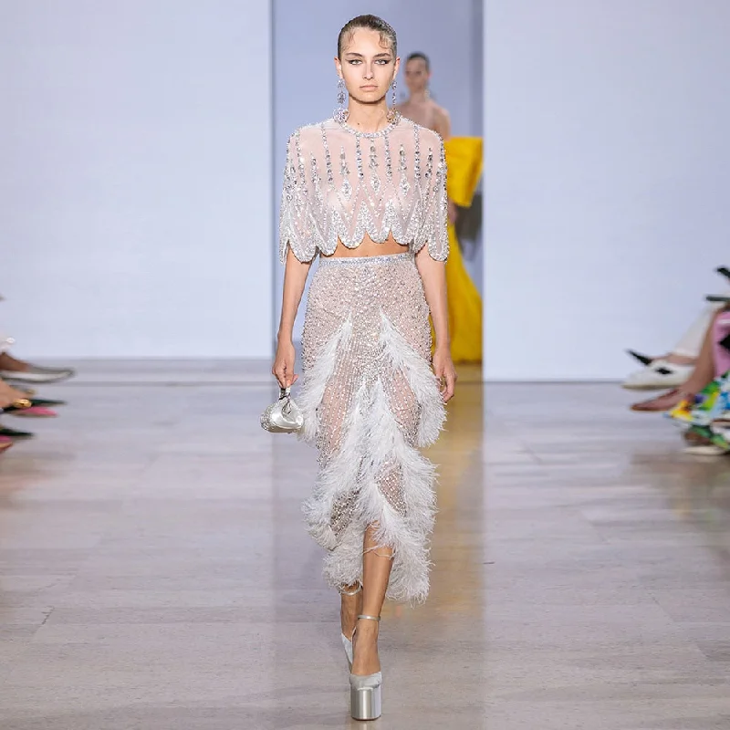 Luxury White Feathers Two Pieces Evening Dress SS363 Peplum Ruffle Cocktail