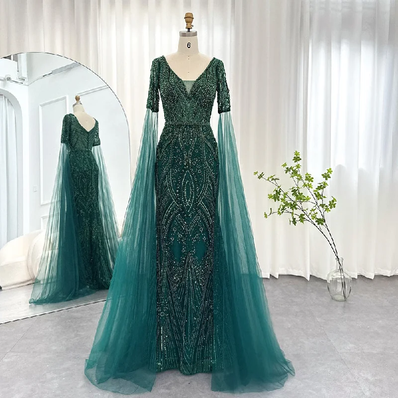 Luxury Emerald Green Evening Dress with Cape Sleeves SS152 Tunics Luxurious premium