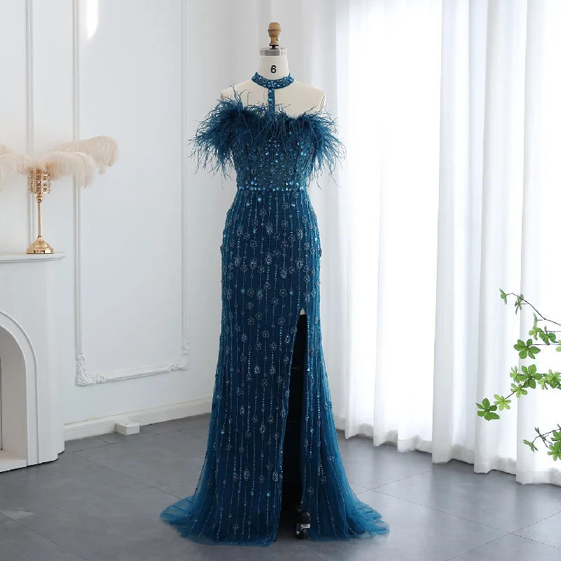 Luxury Feather Halter Mermaid Evening Dress SS176 Tunics Chic fashionable