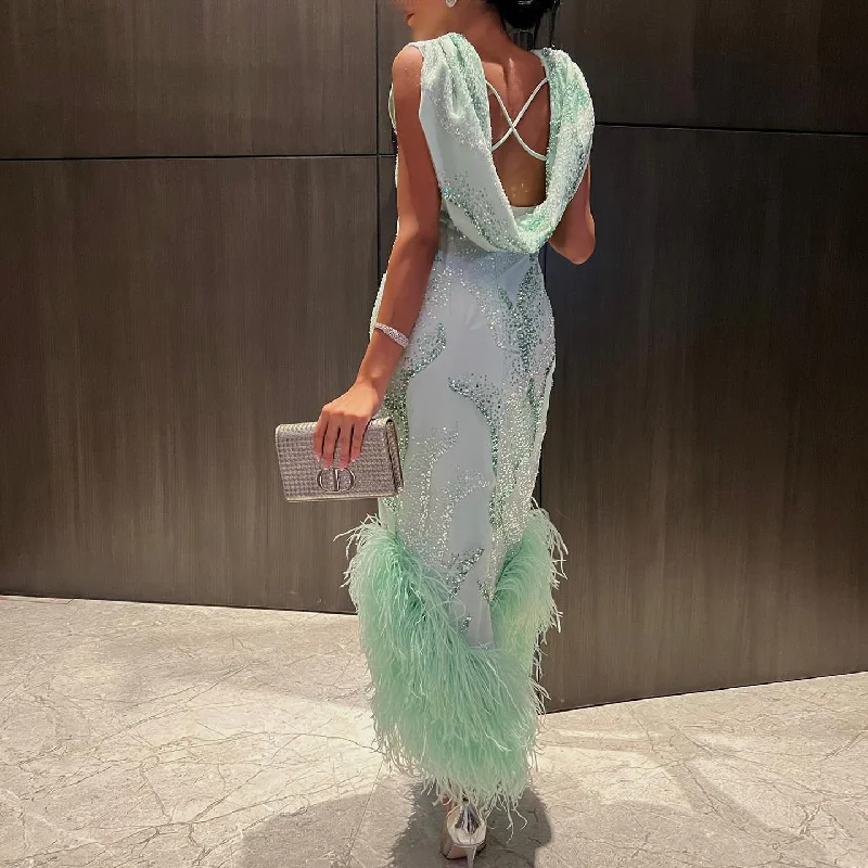 Luxury Feather Sage Green Criss Cross Evening Dress SS436 Tunics Sophisticated sleek Luxury Feather Sage Green Criss Cross Evening Dress SS436 Tunics Sophisticated sleek