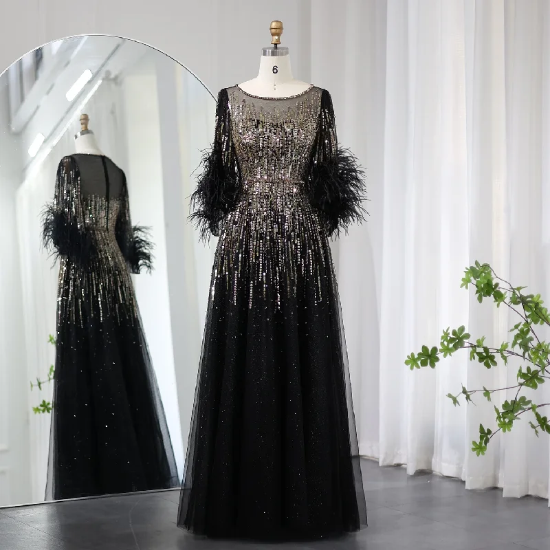 Luxury Feathers Black Half Sleeve Evening Dress SS339 Tunics Handmade artisanal