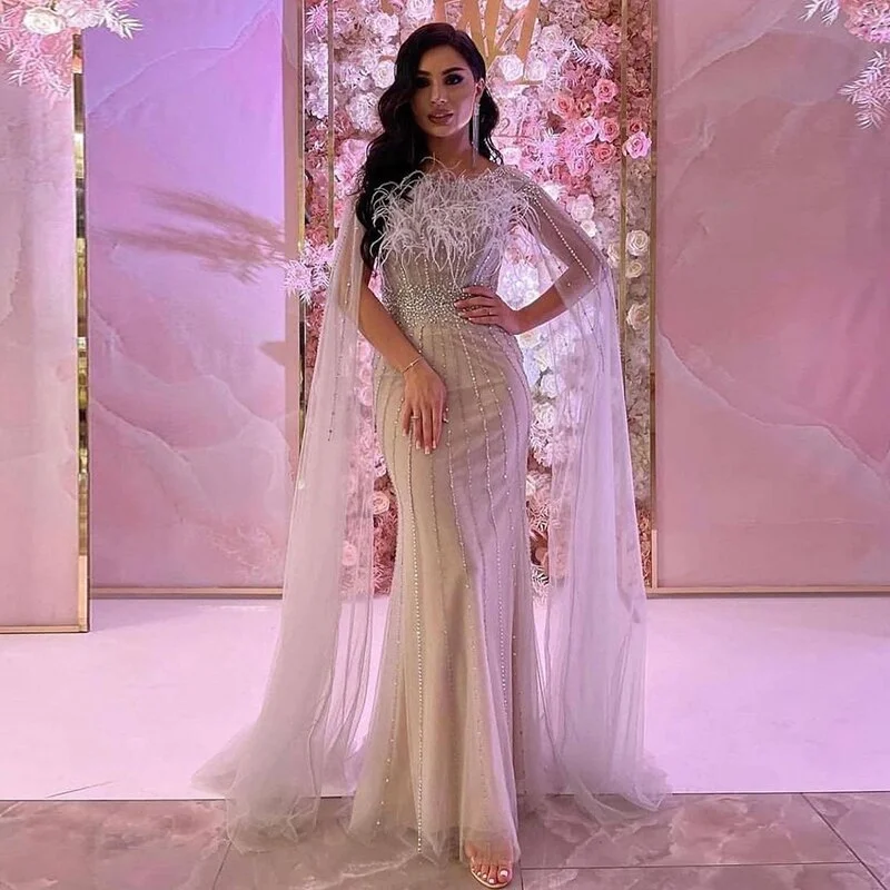 Luxury Feathers Evening Dress with Cape Sleeves SS348 Tunics Sale discount