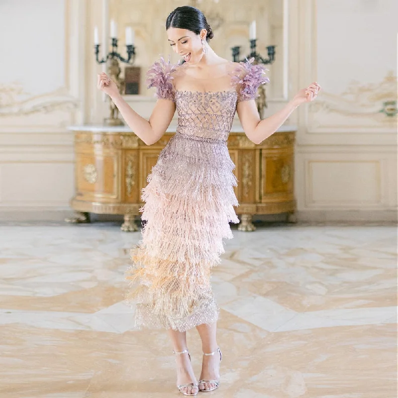 Luxury Feathers Tassel Lilac Evening Dress SS379 Bodycon Fitted Nightout