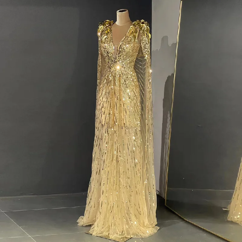 Luxury Sparkly Gold Evening Dress with Cape SS562 sweetheart Neckline Romantic