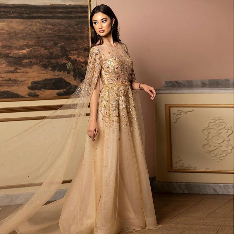 Luxury Crystal Gold Evening Dress with Cape Sleeve SS268 Tunics Trendy modern