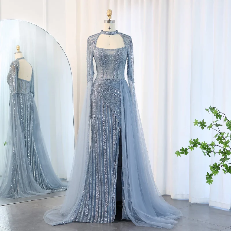 Luxury Blue Evening Dress with Cape Sleeves SS003 Tunics Business professional