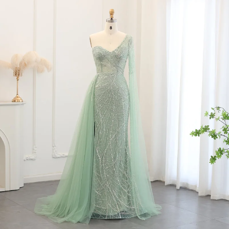Luxury One Shoulder Green Evening Dress with Cape Sleeve SS054 Tunics Canvas sturdy