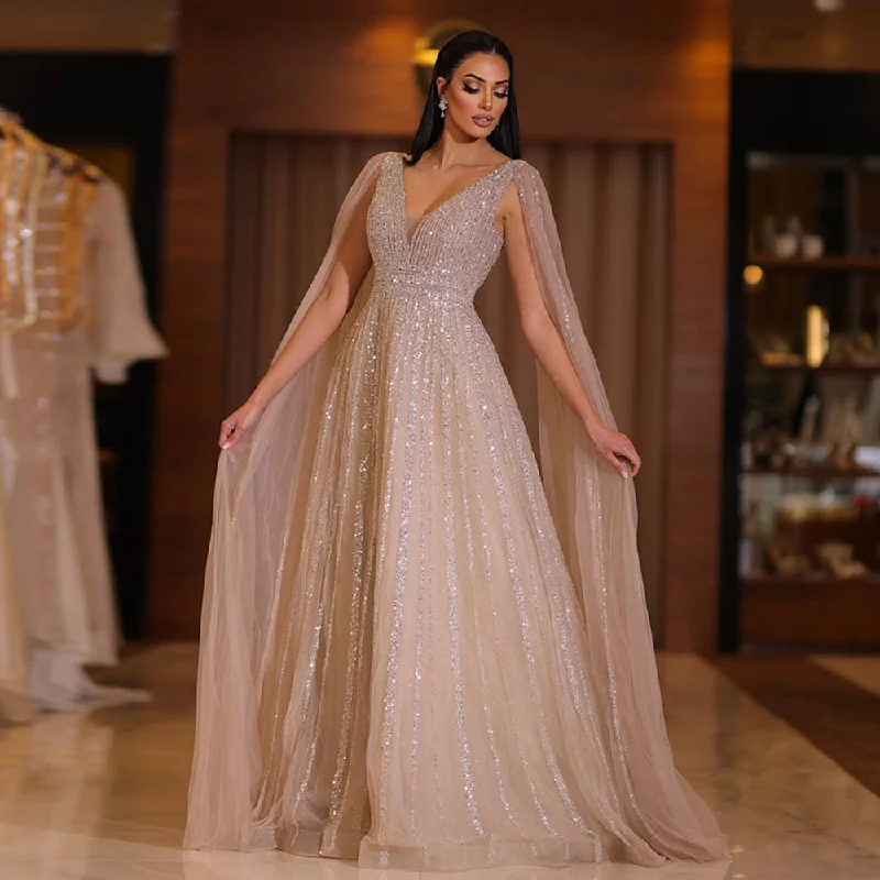 Luxury Nude Evening Dress with Cape Sleeves SS322 Chiffon Maxi Beach