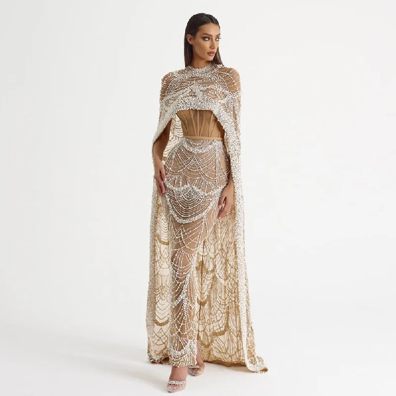 Luxury Pearls Champagne Evening Dress with Cape SS369 Tunics Fleece cozy