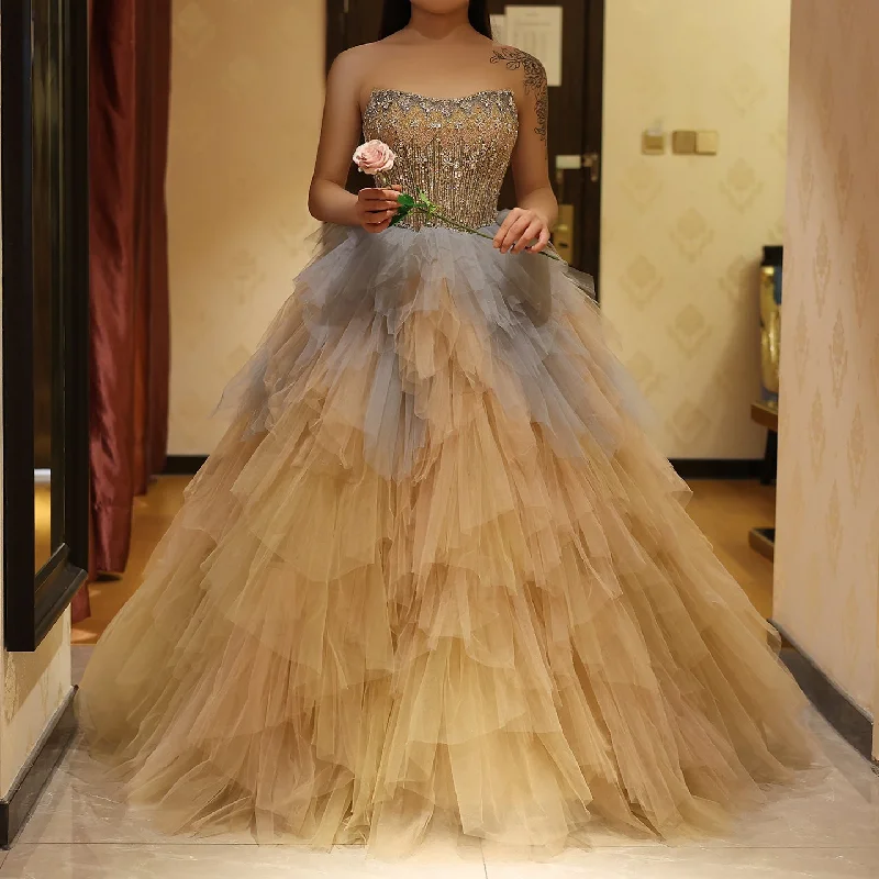 Luxury Rose Gold Ruffles Ball Gown Evening Dress SS531 Tunics Satin smooth