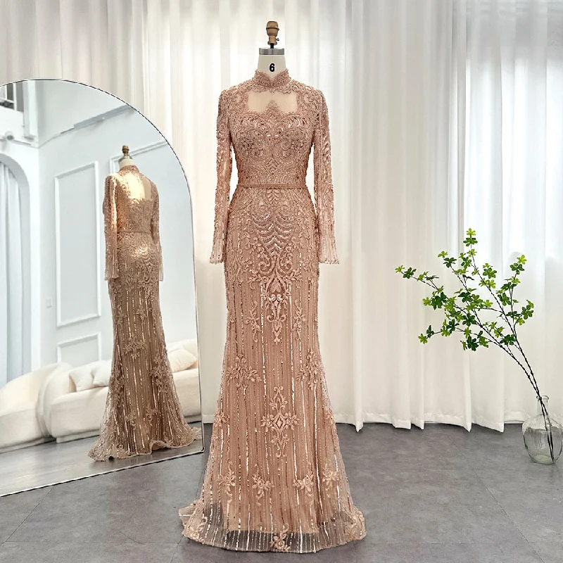 Luxury Rose Gold Long Sleeves Evening Dress SS153 Tunics Modern contemporary