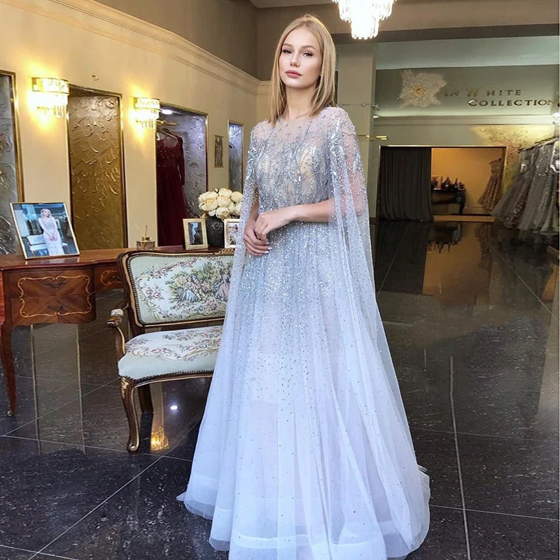 Luxury Silver Beaded Evening Dress with Cape Sleeves SS074 Tunics Versatile stylish