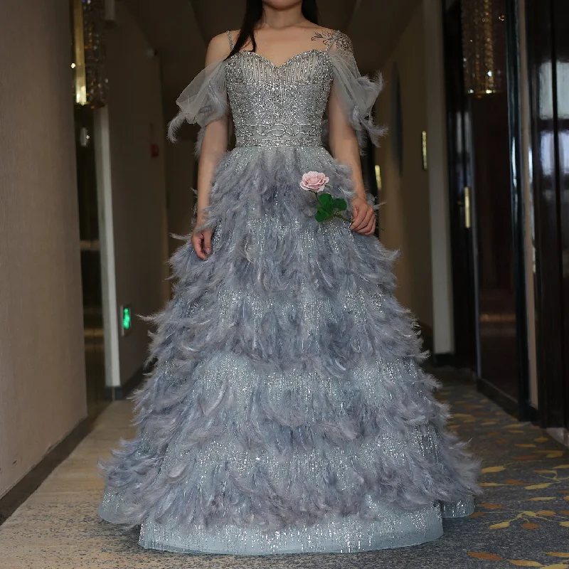Luxury Silver Gray Feathers Evening Dress SS530 Tunics Summer linen