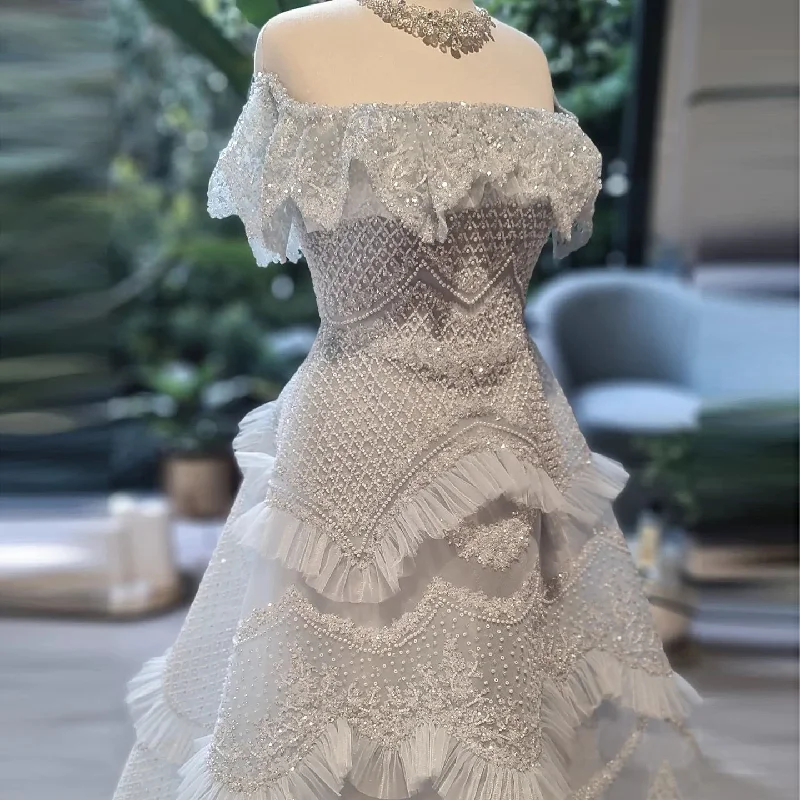 Luxury Silver Gray Off Shoulder Evening Dress SS485 Lace Sexy Club