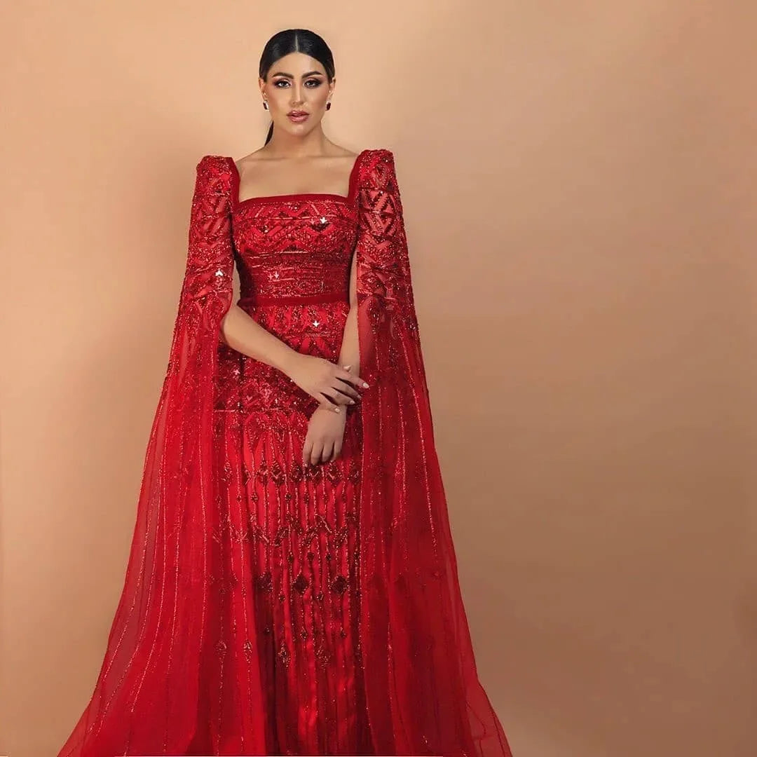 Luxury Wine Red Evening Dress with Cape Sleeves SS461 Tunics Ceremony elegant