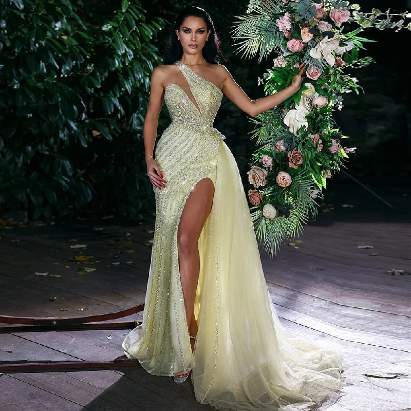 Luxury Yellow Beaded One Shoulder Evening Dress SS325 Tunics Cozy comfortable