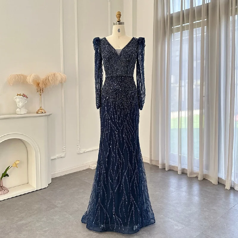 Elegant Long Sleeve Navy Blue Evening Dress SS099 Mermaid Tail Wedding
