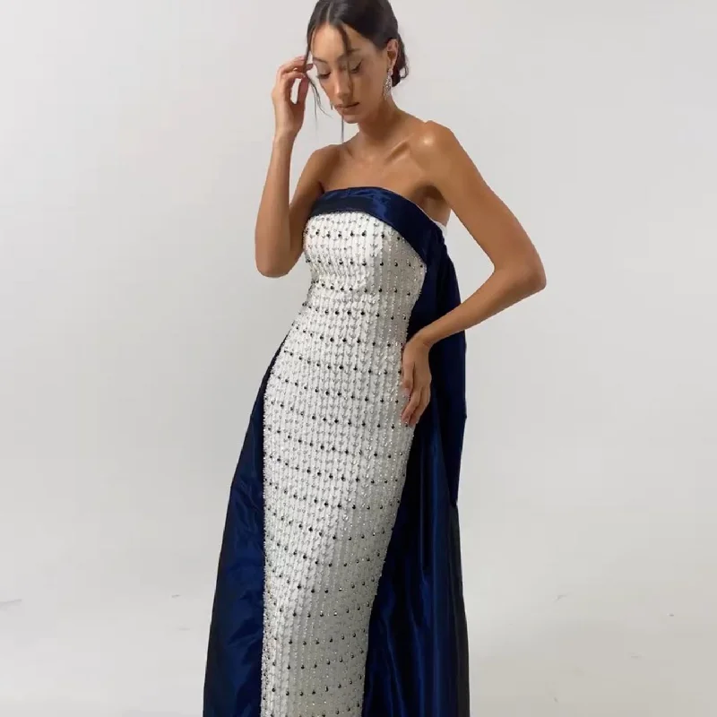 Luxury Navy Blue White Strapless Evening Dress SS422 Satin Halter Glamorous