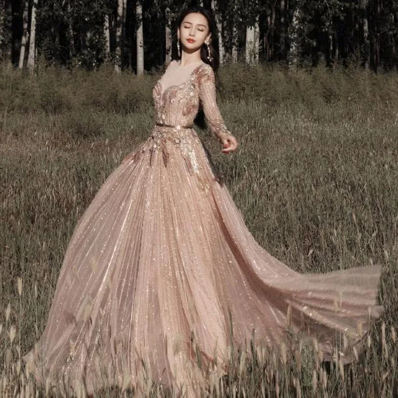 Luxury Rose Gold Long Sleeve Evening Dress SS056 Tunics Custom made