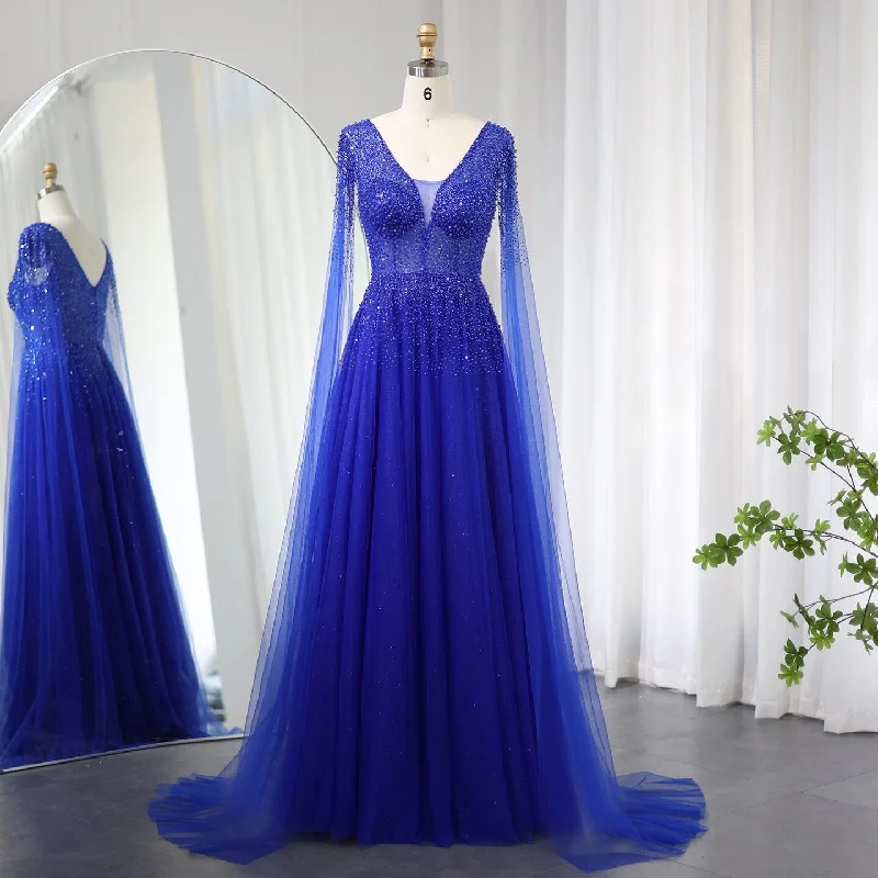 Luxury Royal Blue Evening Dress with Cape Sleeves SS012 Tunics Velvet soft