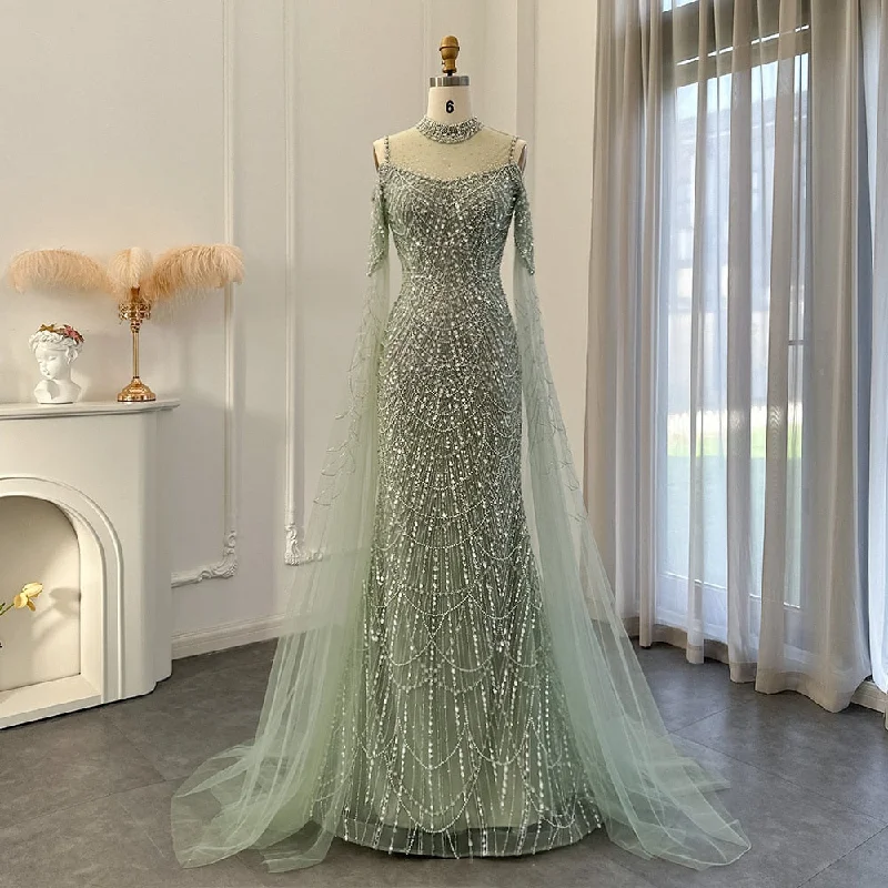 Luxury Sage Green Evening Dress with Cape Sleeves SS205 Shift Classic Vintage
