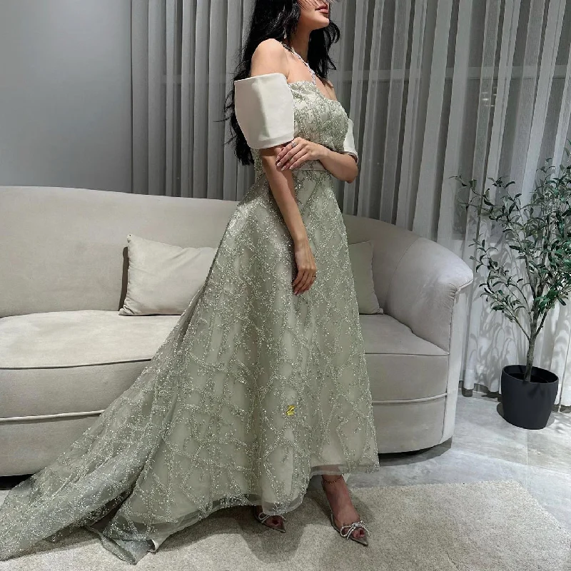 Elegant A-line Sage Green Off Shoulder Evening Dress SS427 Tunics Leisure comfortable