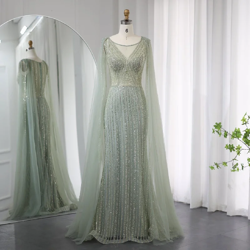 Luxury Sage Green Evening Dress with Cape Sleeves SS086 Tunics Fall fleece