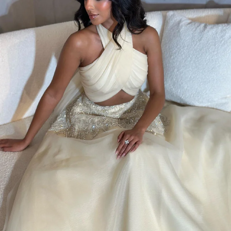 Luxury Crystal Halter Beige Evening Dress SS444 Tunics Long Elegant