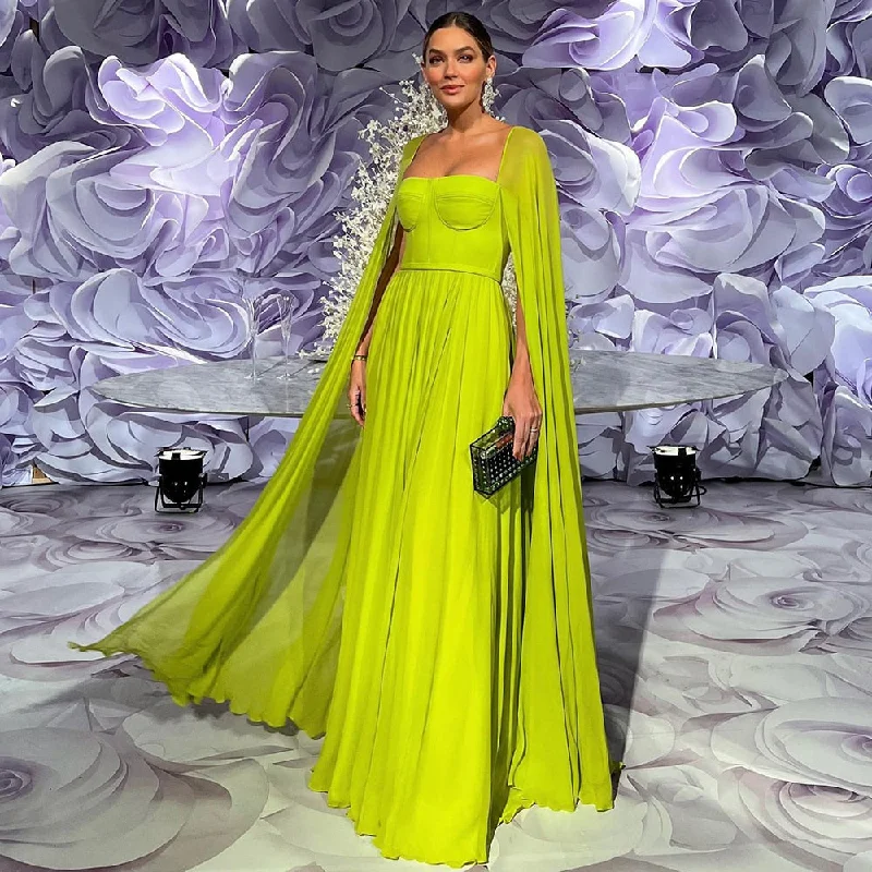 Elegant Lemon Yellow Evening Dress with Cape Sleeves SF076 Boat Neckline Classic