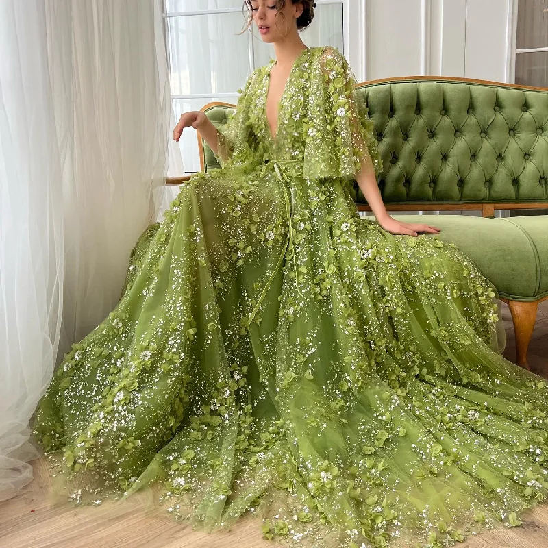 Sexy V-neck Green 3D Embroidered Flowers Evening Dress SS354 Boat Neckline Classic