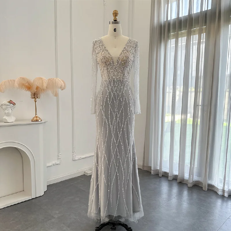 Luxury Silver Long Sleeve Evening Dress SS223 Tunics Print Colorful