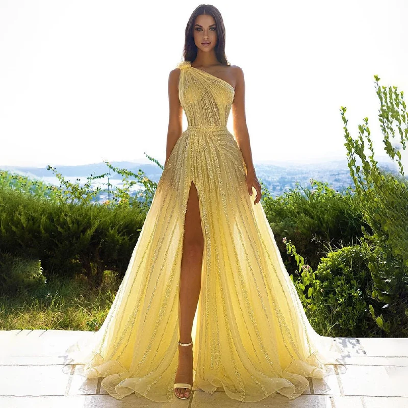 Luxury Yellow One Shoulder Evening Dress with Cape SS326 Tunics Solid Classic