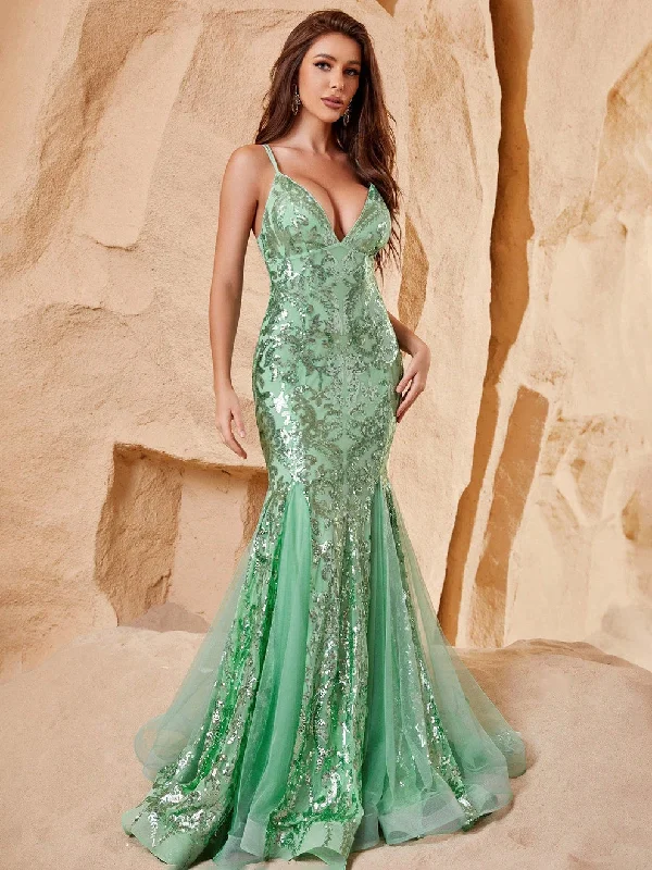 Stylish Lace-up Back Mermaid Hem Sequin Party Dress Crew Neckline Casual