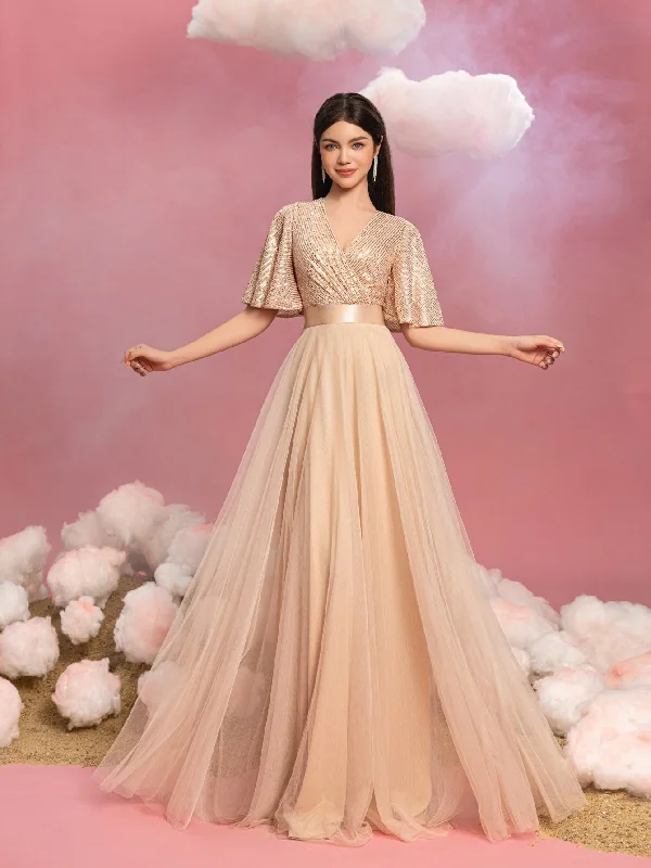 Teen Girls' Surplice Neck Butterfly Sleeves Sequin Party Dress sweetheart Neckline Romantic Teen Girls' Surplice Neck Butterfly Sleeves Sequin Party Dress sweetheart Neckline Romantic