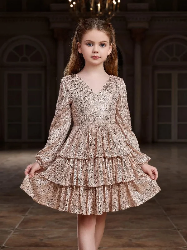 Tween Girls' Backless V Neck Layered Hem Sequin Party Dress Tunics Plaid country