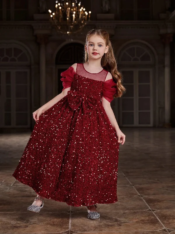 Tween Girls' Bow Front Sequin A Line Party Dress Crew Neckline Sporty