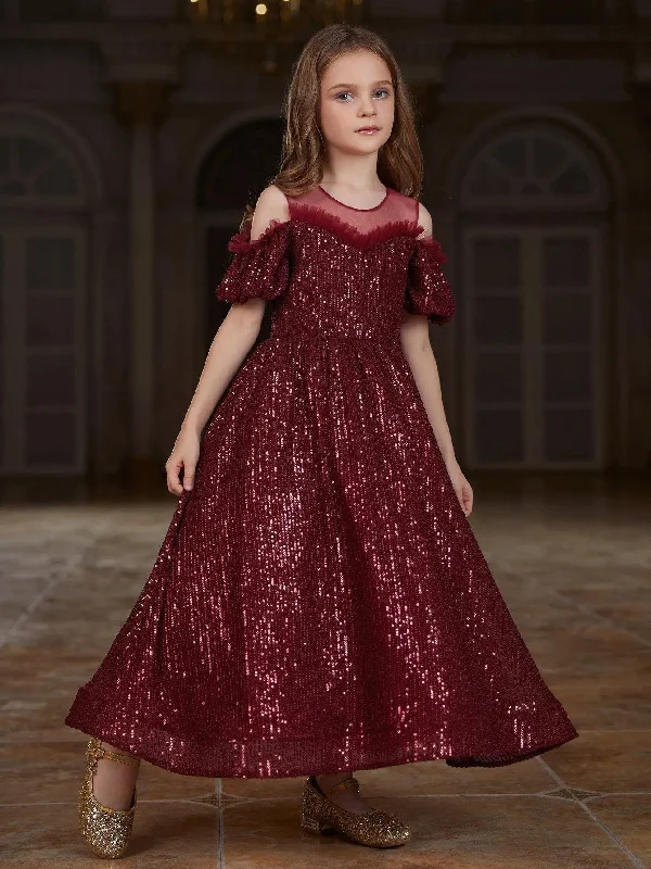 Tween Girls' Cold Shoulder Sequin A Line Party Dress Tunics Stylish modern