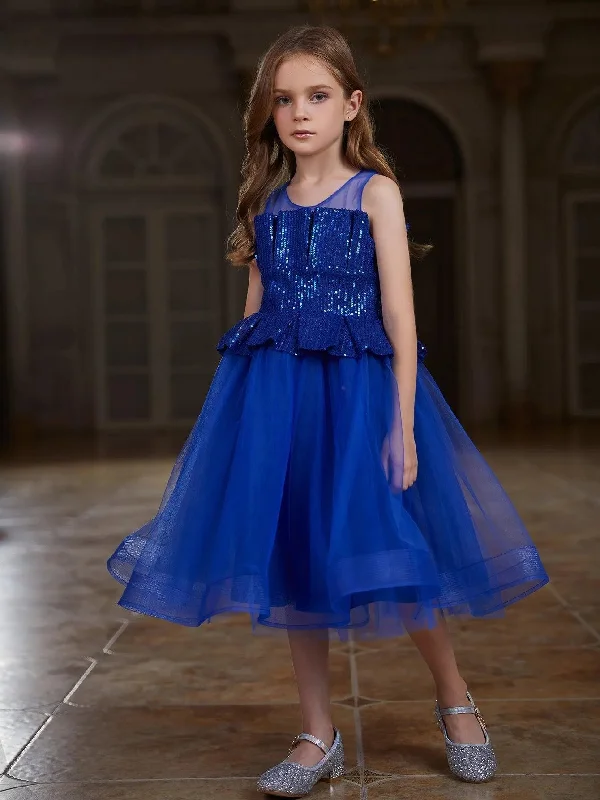 Tween Girls' Contrast Pleated Sequin Mesh Hem Party Dress Tunics Wedding white