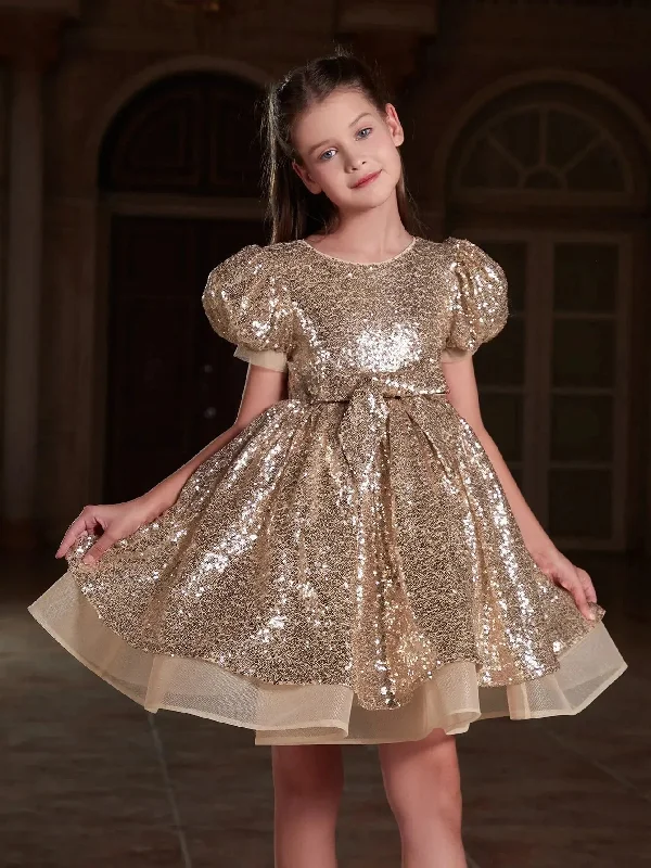 Tween Girls' Cute Bow Front Puff Sleeve Sequin Party Dress Tunics Top Casual
