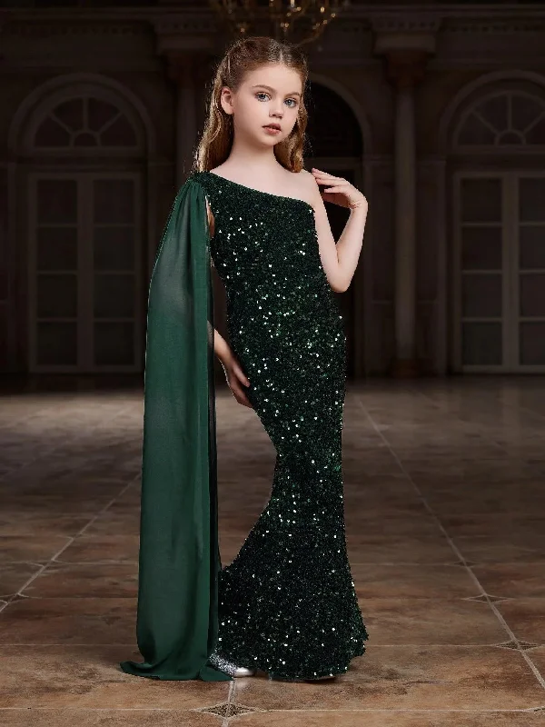 Tween Girls' Draped Side Sequin Mermaid Party Dress Halter Neckline Beach