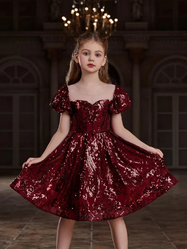 Tween Girls' Graphic Sequin Puff Sleeves Party Dress Tunics Handmade artisanal
